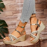 Summer Golden Wedge Heel Sandals Women Fashion Ankle Buckle Chunky Platform Sandles Woman Plus Size Thick Sole Gladiator Sandals
