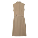 Foridol Khaki Double Breasted Sleeveless Office Windbreaker Style Dress Turn Down Collar Lady Elegenta Vintage Belt New Vestidos