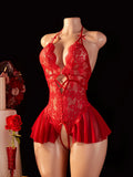 Adult Erotic Bodysuit Lace Hanging Collar Deep V-neck Semi Transparent Women Sexy Lingerie Crotchless Hot Underwear