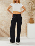 Women Solid Color Loose Cargo Pants Zipper Button Closure Casual Street Trousers with Pockets Black/Khaki/Wine red/Army Green