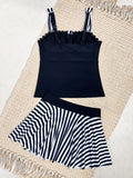 Vintage Black Striped Tankini Set 2026 Women Front Tie Pleate Skirt High Waist Two Piece Swimsuit Bathing Suit Holiday Swimwear