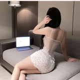 Sexy Lace Transparent Bodycon Dress Pure Desire Flower Embroidered Dress For Women Backless Deep V Suspenders Sleeveless NHSV