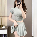 Split Sports Swimsuit, Women's Flat Corner Skirt Style Two-piece T-shirt, Girls' Student Sun Protection Swimming Suit