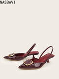 Large Size 35-43 Pointy Toe Burgundy Kitten Heels Slingback Women Summer Pumps Elegant Square Buckle Sandal OL Office Lady Shoes