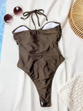 2026 Summer Holiday Look Women Brown Bodysuit Swimwear Sexy Neck Lace-Up Swimsuit Bead Decor Hollow Out One-piece Suit Beachwear