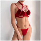 Toucheart 2-Piece Set Sexy Lingerie Women See-Through Halter Neck Comfortable Garter Socks Solid Color Hollow Out Underwear Set