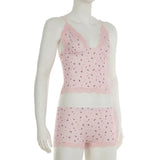 Cute Pink Floral Lace Patchwork Two-piece Pajamas Set for Women Sleepwear Sleeveless Camisoles and Slim Shorts Loungewear