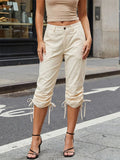 Fashion Women's Capri Pants High Waist Drawstring Cuff Cropped Trousers Solid Color Casual Pockets Cargo Calf-length Pant Summer