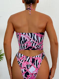 2026 Halter Swimsuit One Piece Sexy Print Ring Link Hollow Swimwear Women Bathing Swimming Swim Suit Padded Beachwear Summer XXL