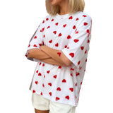 Summer T-Shirt Women Casual Loose Fit Stylish Love Heart Print Crew Neck Short Sleeve Tops