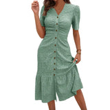 Women's Button Down Ruched Long Dress Summer Beach A-Line Swing Sundress Casual Short Sleeve V-Neck Maxi Dress