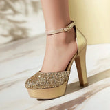 Sequins Glitter Closed Toe Bling Bling Sparkle Women Summer Block High Heels for Evening Dress Platform Sexy Gold Silver Sandals