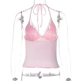 FDYOUI Casual Sexy Halter Neck Lace Patchwork Pink Camisoles Women Bandage Backless Corset T-shirt Y2K Streetwear Cropped Tops