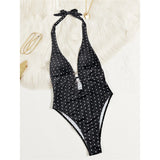 Polka Dots Halter Deep V Neck One Piece Swimsuit Women Swimwear Female Backless Monokini Padded Bather Bathing Suit Swim V7729