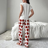 Spring Summer Heart Print Sleepwear Women Comfortable Pajamas Set Short Sleeve T-shirt with Pants Casual Homewear Loungewear