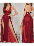 Women Lingerie Chemise Nightdress Lace Split See-Through V-Neck Sleeveless Nightgown Sleepwear Slips Nightie with Thong
