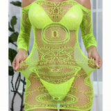 1 PC Women Sheer Mesh Long Sleeve Beach Cover Up Sexy See-Through Fishnet Bodycon Dress for Summer No Bikini Included