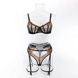 Toucheart4PCS Lace Golden Embroidery Sexy Underwear Set Slim Exposed Navel See-through Hollow Out Interesting Steelring Bralette