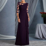 Women Elegant Lace Long Dress Sexy See Through Round Neck Mid Sleeve Dress Solid Color Evening Party Prom Dress Cocktail Gown