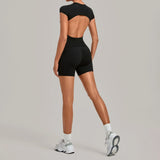 Tight Invisible Wrinkle Yoga Sets Women Short Sleeve O Neck Hollow Back Sports Tank Top Butt-Lifting Shorts Gym Fitness Suits