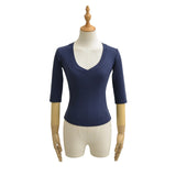 New Pure Desire Casual Style T-Shirt Hot Girl Sexy V-Neck Wool Lyocell Stretch Slim Fit Mid-Sleeve Solid Color Thin T-Shirt WLOC