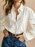 2026 New Elegant Lace Patchwork Long Sleeve Blouse Women Hollow Out Lace Trim Office Lady Commute Casual Shirt Top