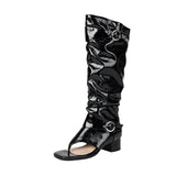 Plus Size Women Open Toe Thong Knee High Boots Metal Buckle Ruched Mid Block Heel Tall Sandal Boots Fashion Streetwear Long Boot
