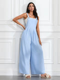 Women Fashion Jumpsuits Sleeveless Buttons Suspender Wide Leg Pant Overalls with Pockets Casual Loose Romper Streetwear