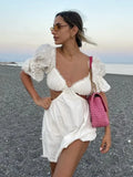 Foridol Lace Summer White Dress Women Puff Sleeve Embriodery Waist Cut Out Beach Short Sexy Cotton Dress Backless 2025 Sundress