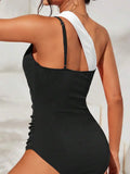 2026 Two Tone One Shoulder Ruched Side Swimsuit One Piece Swimwear Women Sexy Bather Bathing Swimming Swim Suit Female Beachwear