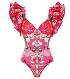 Sexy Ruffle Shoulder Swimsuit V-Neck Swimwear Women Backless Push Up Bathing Suit  Beach Wear 2024 Female Swimming Suit