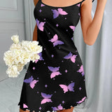 New Fashion Butterfly Print Nightgown for Women Black Star Chemise Short Spaghetti Strap Sleepwear Cute & Trendy Nightwear Hot