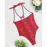 New Sexy Snake Skin Halter Monokini Women Swimwear One Piece Swimsuit Female Tummy Cut Out Bather Bathing Suit Swim Lady V3056