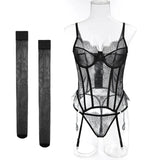 Toucheart Erotic Lingerie Set Women Romantic Tight Fishbone Bra Heavy Industry Lacemesh Hollow Splicing Garter Belt Andstockings