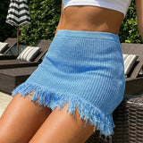 Summer Women's Knit Mini Skirt Solid Color Plush Tassel Trim Pencil Skirts Going Out Bohemian Beach Sexy Skirts