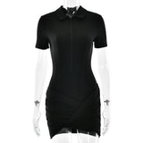 FDYOUI Women's Polo Collar Zip-up Jumpsuit Dress Chic Short Sleeve Folds Solid Bodysuits One Piece Yoga Fitness Sporty Playsuits