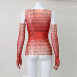 AHAgaga Sexy Tee T-shirt Women 2025 Summer Casual Letter Print Skinny See Through With Gloves Cropped Shirts Women Female Blusas