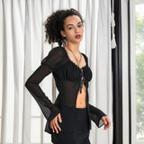 Spring Summer Women Solid Color Split Tie Front Tops See Through Frill Trim Square Neck Long Puff Sleeve Mesh Shirts