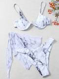 Marble Print V-Bar Underwired Bikini Women Swimsuit Female Swimwear Three-pieces Bikini Set Push Up Bathing Suit Beach Sarong