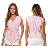 Fashion Women Sleeveless Blouse Waist Tie-ups V Neck Loose Fit Irregular Tops Club Party Street Shirts Summer Solid Color