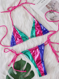 Splicing PU Leather Mini Micro Thong Bikini Women Swimsuit Female Swimwear Three-pieces Bikini Set Halter Bathing Suit Swim Lady