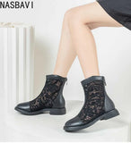 Women White Gladiator Ankle Boots Round Toe Square Heel  Breathable Mesh Large Size 34-45 Sweet Princess Cool Sandals Boots New