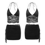 Women Lace Flower 2 Piece Sets Sleeveless Corset Cami Tops + Cut Out Tie-up Mini Skirts Sets Sexy Streewear