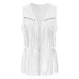 Women Tassel Fringe Vest Sleeveless Solid Waistcoat V Neck Open Front Cardigan Vintage Hippie Clothes Cowboy Cosplay Jacket