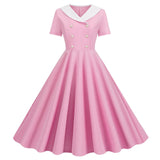 1950s Vintage 50s A-Line Evening Dress Short Sleeves V Neck Button High Waist Dresses Women's Prom Party Midi Dress Vestidos