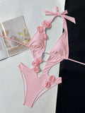 Sexy Pearls 3D Flower Swimwear Women 2026 Red Hollow Out Bandage Backless Thong Bikini Bathing Suit One Piece Swimsuit Monokini