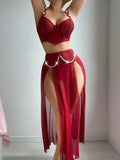 Women Sexy Lingerie Dress for Bow Knot Patchwork Mesh See-through Bra and Skirt Panties Set Underwear Erotic Lingerie
