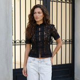 Summer Women's Retro Shirts Sheer Lace Blouse Elegant Stylish Button Down Short Sleeve Tops Casual Sexy