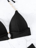 Push Up Ribbed Halter Bra Cup Bikini Female Swimsuit Women Swimwear Three-pieces Bikini Set Diamond Link Bathing Suit Swim Lady