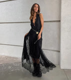 Sexy Deep V-neck Sleeveless Lace Dress Streetwear Women 2026 Backless Tunics A-line Party Dresses Long Maxi Robe Black White